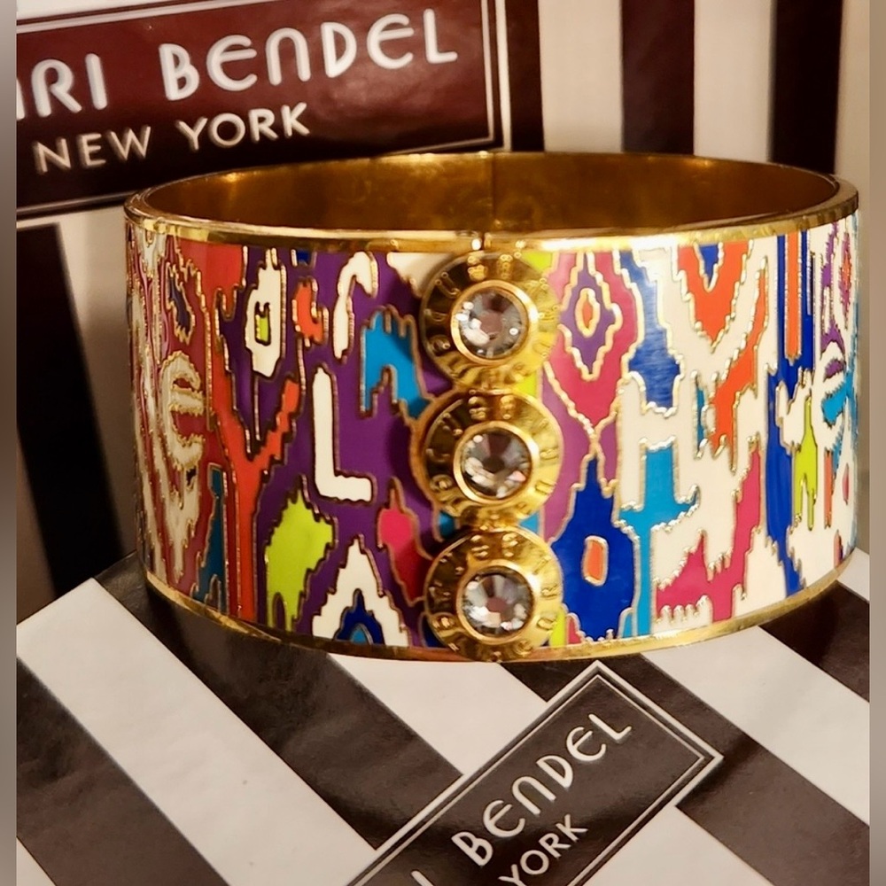 EUC!!! HENRI BENDEL Multicolor Enamel and Gold-Tone Crystal Cuff/Bangle Bracelet
